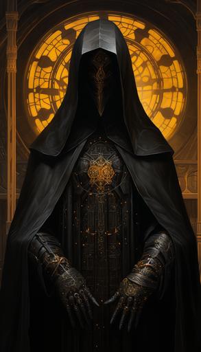 god king of judges and priests, eastern orthodox costume, basalt and bismuth temple, complex crown, glowing eyes, medieval judge outfit, historic, judgement day, apocalypse, geometry, order and symmetry, isomorphic swirling cubic matrix, gloomy fog, renaissance, vrubel, beksinski, adolphe bouguereau, gustave klimt, oil painting, renaissance style --ar 8:14 --q 2 --s 250