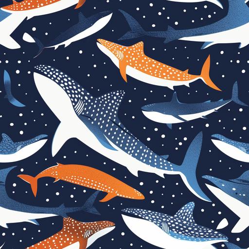 abstract whale shark tessellation, flat shading, blue shadows, orange highlights, white midtones --tile