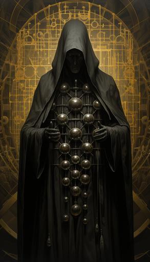 god of judges and priests, eastern orthodox costume, medieval judge outfit, historic, parade of planets, judgement day, apocalypse, geometry, order and symmetry, isomorphic swirling cubic matrix, cubic hexagonal labyrinth, gloomy fog, renaissance, vrubel, beksinski, adolphe bouguereau, oil painting, renaissance style --ar 8:14 --q 2 --s 250