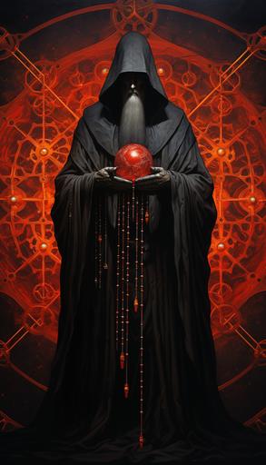 god of judges and priests, eastern orthodox costume, medieval judge outfit, historic, parade of planets, judgement day, apocalypse, geometry, order and symmetry, isomorphic swirling cubic matrix, cubic hexagonal labyrinth, gloomy fog, renaissance, vrubel, beksinski, adolphe bouguereau, oil painting, renaissance style --ar 8:14 --q 2 --s 250