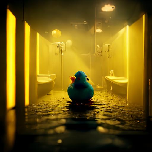 god of rubber ducks, bathroom, 8k, dramatic, volumetric lighting, moody