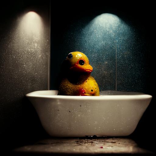 god of rubber ducks, bathroom, 8k, dramatic, volumetric lighting, moody