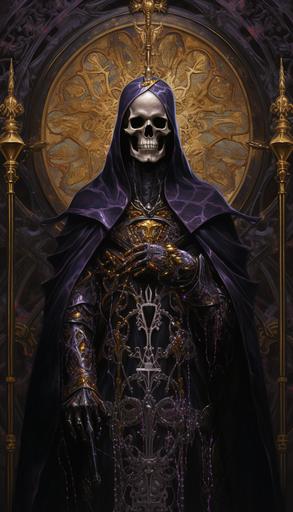 god priest of death, eastern orthodox icon, aristocrat's skeleton in decorated jeweled armor, symmetric geometric poster, gothic arch, engraving, king of skeletons, grave, ornate golden armor and righ purple fabric, medieval, Hieronymus bosch, degas,dark moonlit purple fog, oil painting, paint strokes, surrealism --ar 8:14