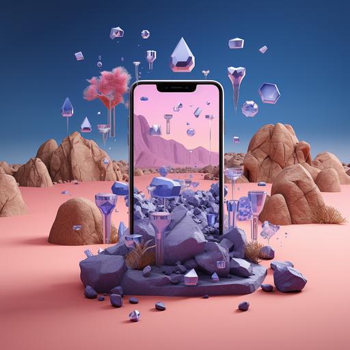 a mobile phone in a desert with blue sand, between pink rocks, social media icons are beaming from the phone, chat symbols, CGI, editorial --s 250