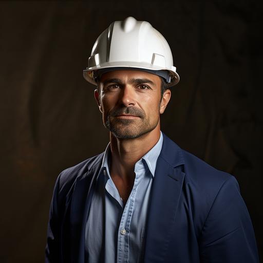 a portrait of a professional contractor, blue dress shirt, white hard hat, editorial --s 250
