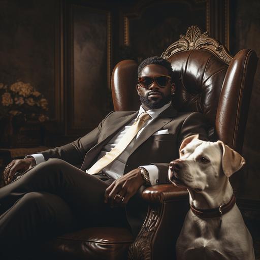 an attractive professional man, dark complexion, wearing a white suit, beard, sunglasses, sitting in a tan leather executive chair, ceo, with a white horse standing next to him, room is navy blue, professional office, opulence, dramatic, editorial --s 250