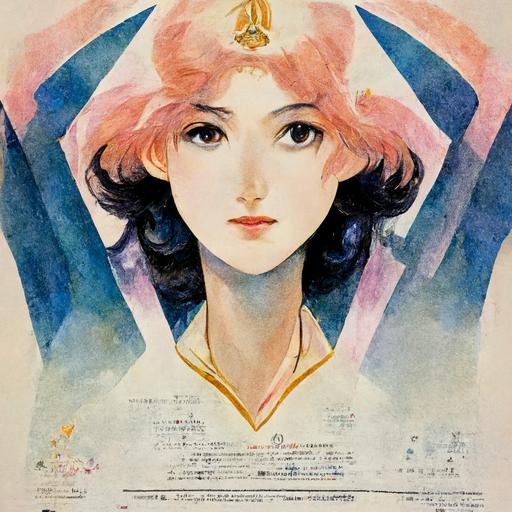 greek goddess, athena, princess, Haruhiko Mikimoto, watercolor, macross official art, 80s anime movie poster, kanji and hiragana text