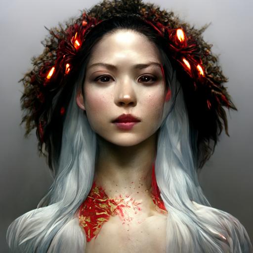 godess, woman, white porcelain cracked skin, broken skull texture, pearl and feather hair, jewel face, gentle look, purity, natural, sense of angel like, cinematif lightning, ray of red light, red diamond jewel, scarification, extremely detailed, realistic photo, skin texture, white smoke, red splash, 2d, 8k, creative, stylize 2000