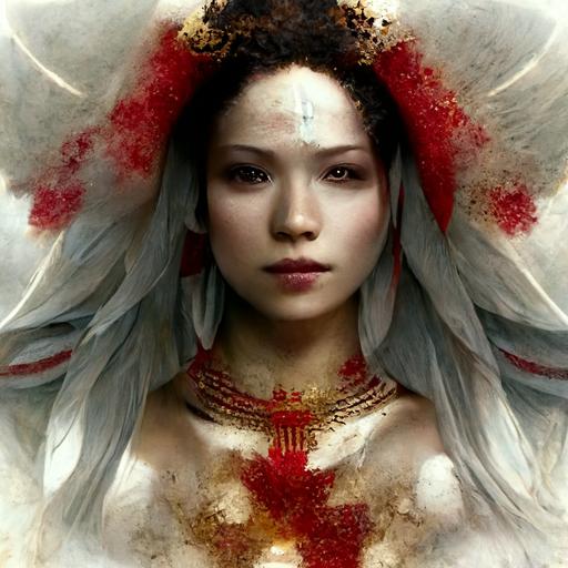 godess, woman, white porcelain cracked skin, broken skull texture, pearl and feather hair, jewel face, gentle look, purity, natural, sense of angel like, cinematif lightning, ray of red light, red diamond jewel, scarification, extremely detailed, realistic photo, skin texture, white smoke, red splash, 2d, 8k, creative, stylize 2000