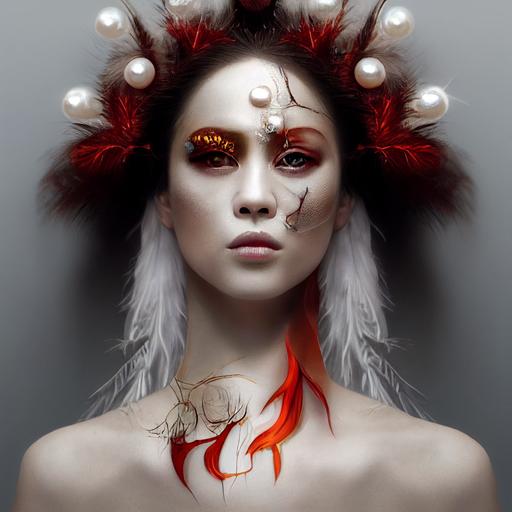 godess, woman, white porcelain cracked skin, broken skull texture, pearl and feather hair, jewel face, gentle look, purity, natural, sense of angel like, cinematif lightning, ray of red light, red diamond jewel, scarification, extremely detailed, realistic photo, skin texture, white smoke, red splash, 2d, 8k, creative, stylize 2000 --test --creative --upbeta