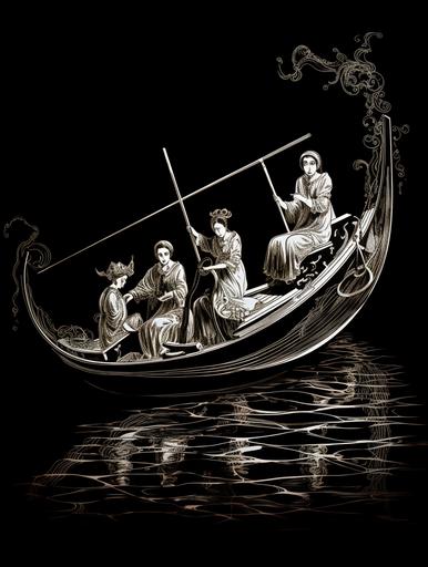 god,female sailors driving a Venetian gondola, ink art, stencil, t-shirt design, white paint on black background --ar 3:4