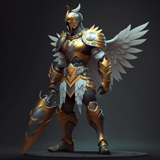 gold and white pigeon as a darkin warrior from league of legends wearing full detailed gold and white pigeon armor , full body shot , dark theme