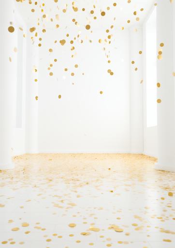 gold confetti on white studio floor --ar 5:7