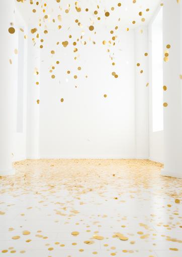 gold confetti on white studio floor --ar 5:7