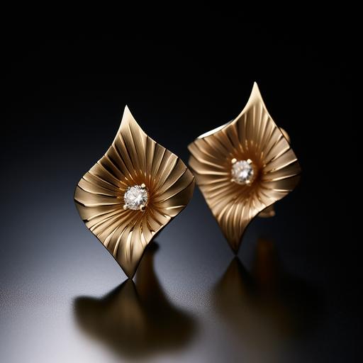 gold earrings studded with diamonds in a design inspired by Kirigami the japanese art of paper folding. Design must be light and minimalistic.