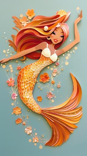 gold fish Mermaid with a slim long fluke and large graceful caudal fins like a fish tail is swimming in the shoals, in the style of Brittney Lee, paper craft inspired, gold iridescent highlights, Crystal beaded jewelry, very detailed, dynamic pose, sparklecore, glittercore, mermaidcore, --q 2 --ar 9:16 --s 750