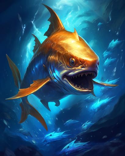 gold fish blue shark hybrid, league of legends --ar 4:5