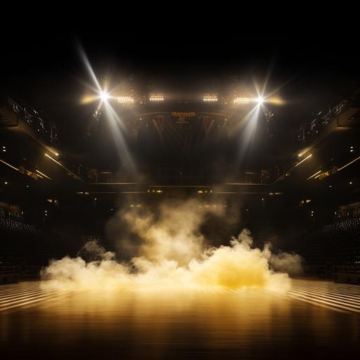 gold floor, black background, spotlight shining down as if it's a player introduction at a sporting event, gold smoke, photorealistic