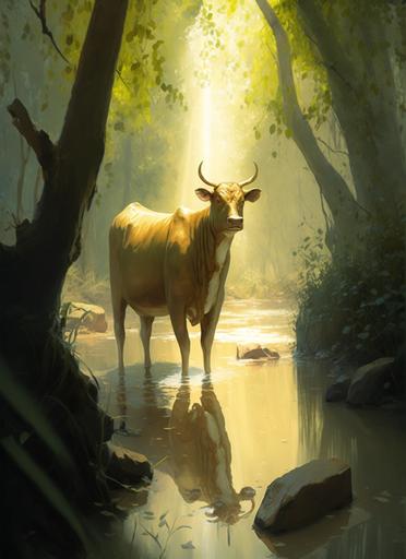 gold indian cow in a beautiful forest with a river, daytime, bright scene, rays of shinning sun through, enchanted forest, magical, daytime, bright scene, rays of shinning sun through, enchanted green forest, surreal, poetic, Charlie bowater, Jeremy Lipking, Disney, drawn in DND 5e art style, wide angle --ar 5:7