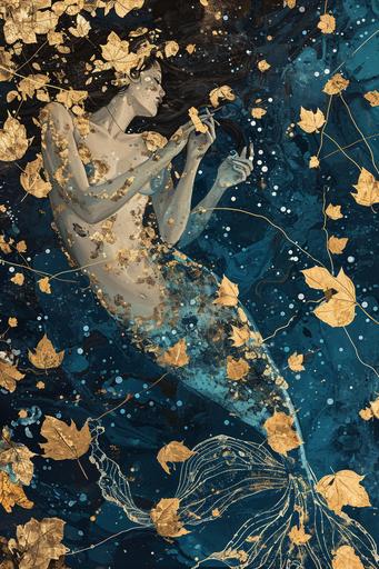 gold leaf | by mierlu::0 In the celestial realm, mermaid frozen in a block of ice golden leaves float like celestial bodies, forming ephemeral constellations. Each gold leaf becomes a digital steampunk door for ice crystal, unveiling portals to unexplored worlds. Steeped in steampunk and retro-futuristic aesthetics, inspired by Gustav Klimt and Marc Chagall --ar 2:3 --v 6.0