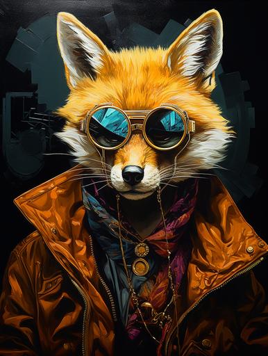 gold leaf colors, fox, fantasy, cyberpunk wearing glasses --ar 3:4