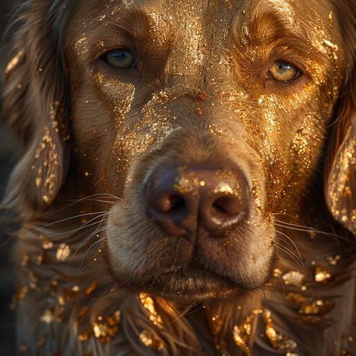 gold leaf magus perfectly applied to a dog's face, realistic photo of an elephant puppy kitty Discovery gold mine --v 6.0 --s 750