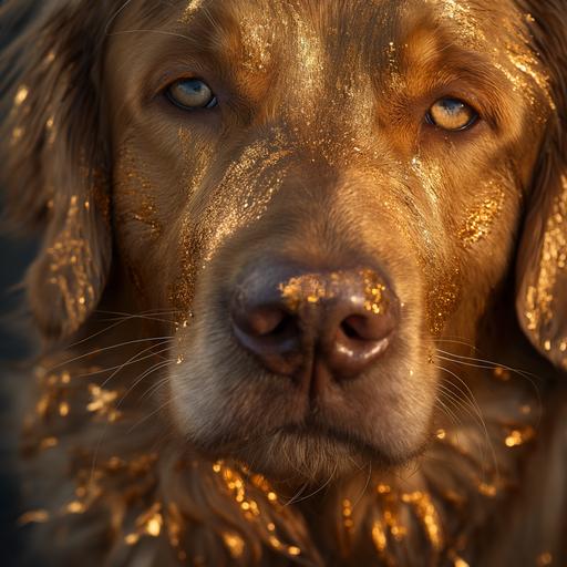 gold leaf magus perfectly applied to a dog's face, realistic photo of an elephant puppy kitty Discovery gold mine --v 6.0 --s 750