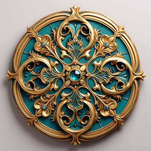 gold leaf medallion with teal gems and flowers, in the style of interlocking structures, christian art and architecture, paper sculptures, elaborate detailing, enamel, celtic knotwork, trompe-l'oeil folds --s 50