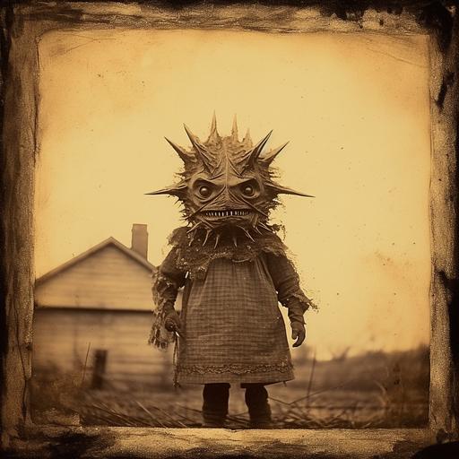 gold leaf monster, vintage sepeatoned tin type photo,