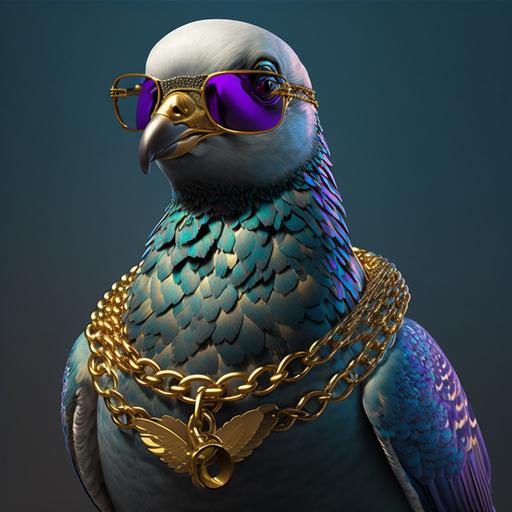gold pigeon with a chain and sunglasses