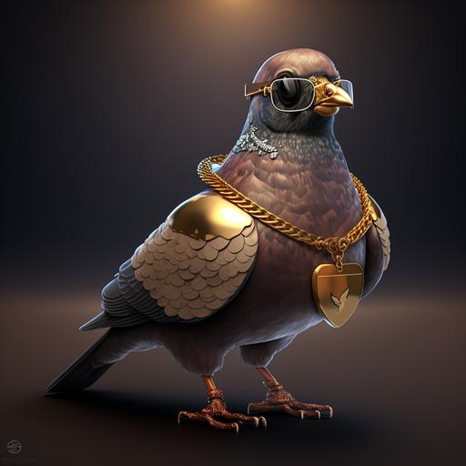 gold pigeon with a chain and sunglasses