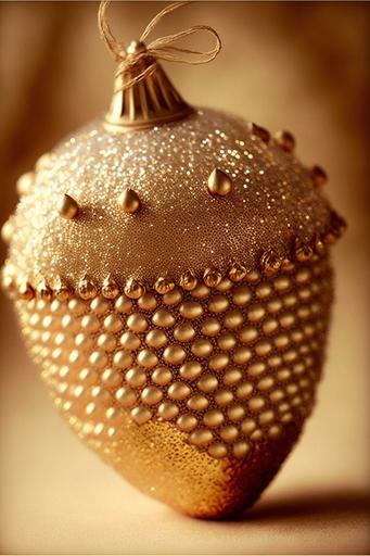 golden acorn, intricate vintage Christmas ornament, nostalgic, retro, festive, sparkling ✨ shimmering ✨, bokeh, gorgeous photograph --v 4 --ar 2:3 --chaos 50