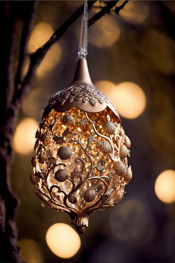 golden acorn, intricate vintage Christmas ornament, nostalgic, retro, festive, sparkling ✨ shimmering ✨, bokeh, gorgeous photograph --v 4 --ar 2:3 --chaos 50