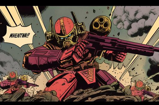 golden age of comics, gundam mech robot invasion, ray guns, comic 1975, pen and ink, pulp, halftone coloring --ar 3:2 --niji