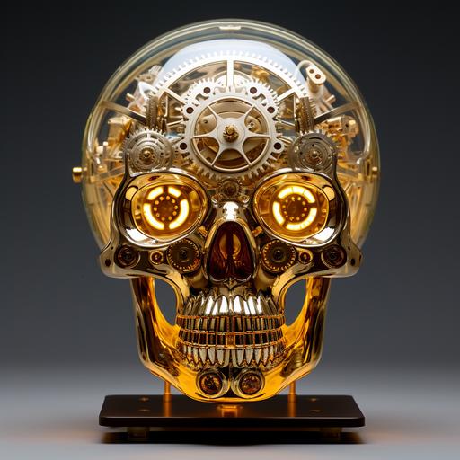 golden calavera as Machine Age Modernist Lucite lumino Kinetic Sculpture with Moving Gears