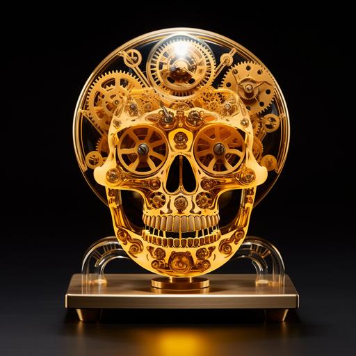 golden calavera as Machine Age Modernist Lucite lumino Kinetic Sculpture with Moving Gears