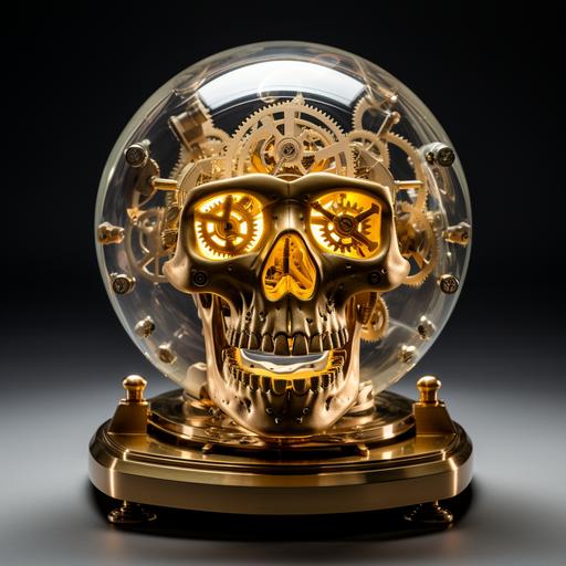 golden calavera as Machine Age Modernist Lucite lumino Kinetic Sculpture with Moving Gears