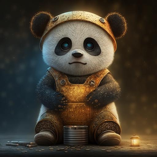 golden cartoon panda wearing overalls, pixar, sparkling, 8k