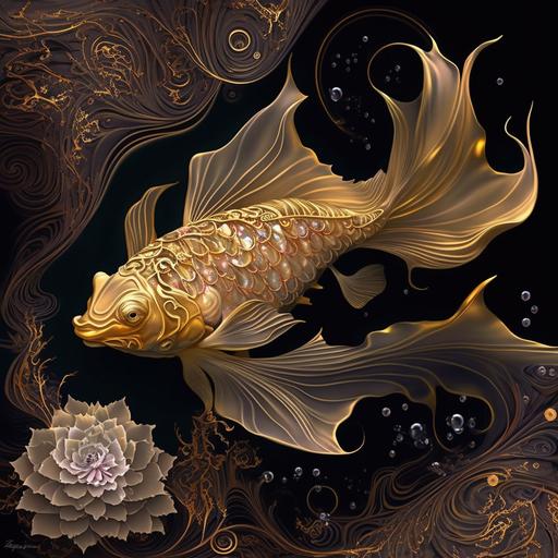 golden koi fish, gold fish, water lily, exotic, water, floating, reflections in water, bejeweled, dewdrops, droplets, floating petals, koi fish, cosmic, Egyptian, gold details, mesmerizing, scrolls, beauty, filmy, lace, gossomer, flowing, surreal, ethereal, Art Nouveau, dreamlike, dreamscape, dreaming, photo realistic, hyper detailed, hyper realistic, ghostly, soothing