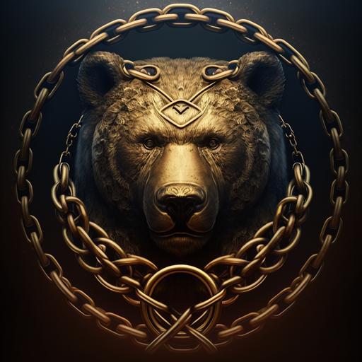 golden logo a bear face inside a golden Chains with a golden circle --v 4