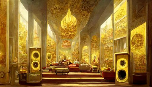 golden palace interior, speakers , cartoon, --ar 16:9