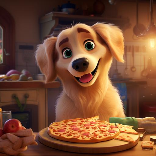 golden retriever cooking pizza Pixar cartoon