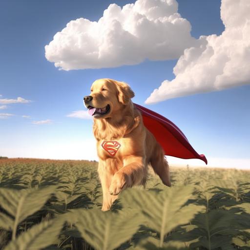 golden retriever dog with superman Cape fly in the cloud over a field of marijuana, photorealistic, 3d render, cinematic haze, 4k