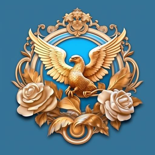 golden royal logo ,eagle with double headed ,fine art roses ,ornament, sky blue background without gradient ,realistic, hdr