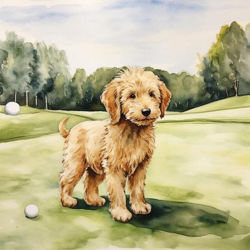 goldendoodle on a golf course, watercolor, baby boy room, nursery, minimalist