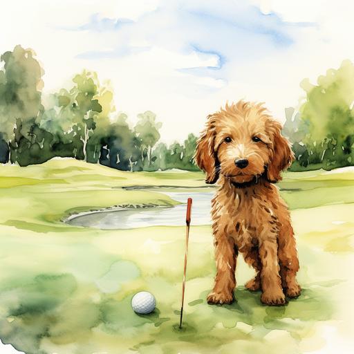 goldendoodle on a golf course, watercolor, baby boy room, nursery, minimalist