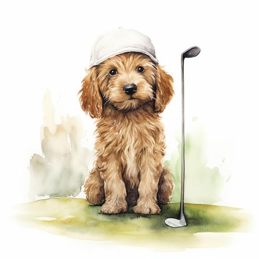 goldendoodle on a golf course, watercolor, baby boy room, nursery, minimalist, white background