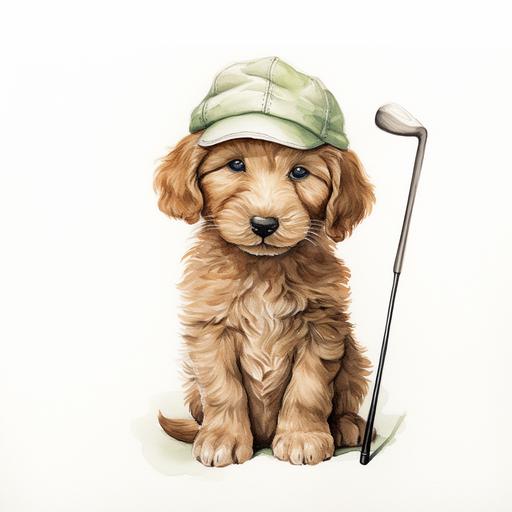 goldendoodle puppy, golf, watercolor, baby boy room, nursery, minimalist, white background
