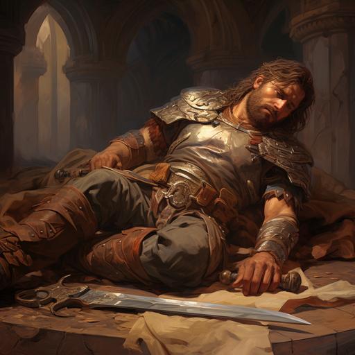 goliath laying on the floor with a sword through his chest