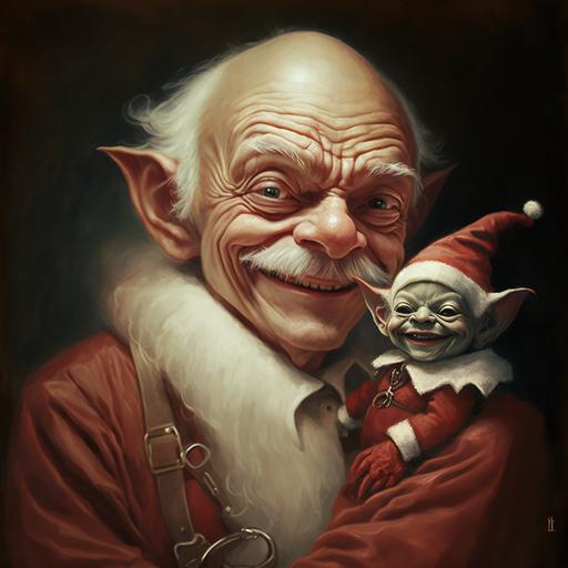 gollum with moustache wrapped in a red satin fabric with white star next to smiling santa claus